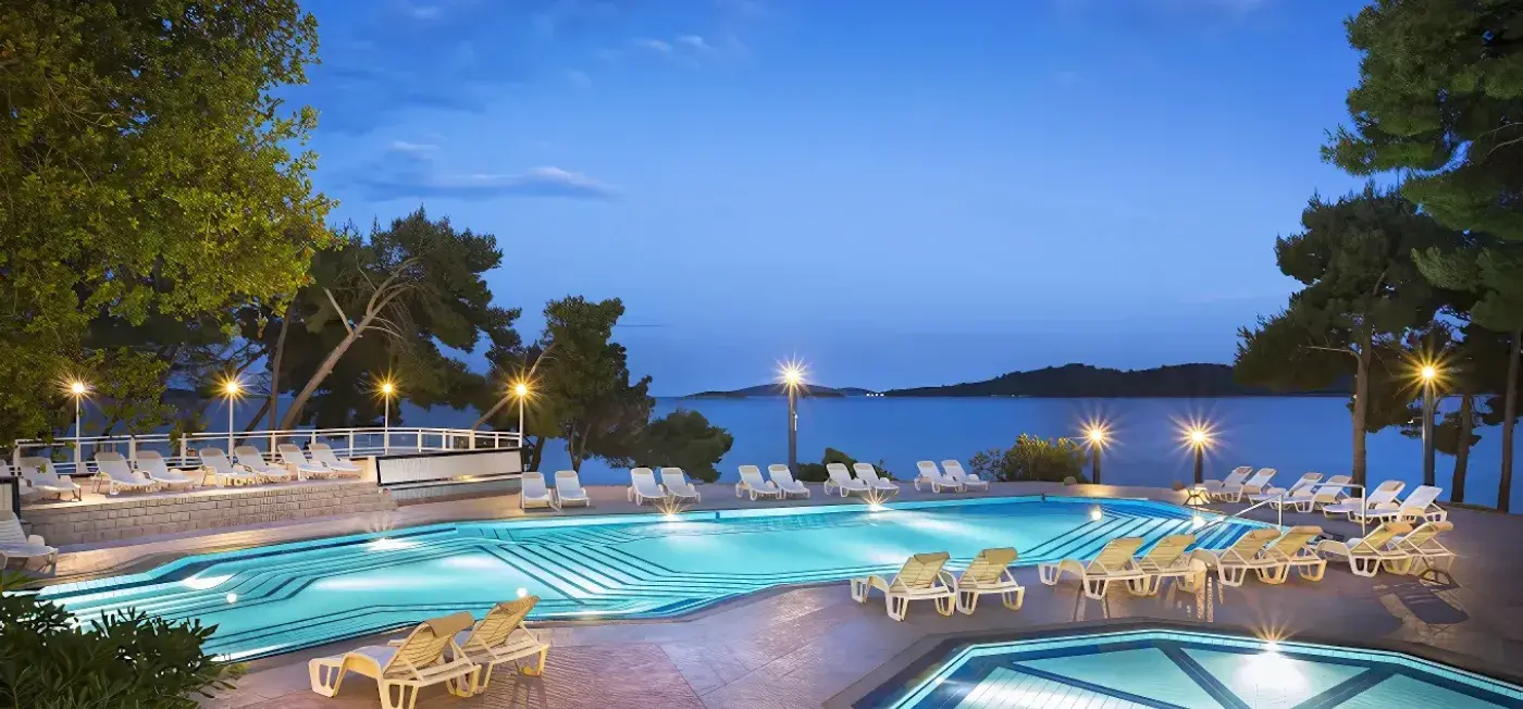 Night view of Aminess Grand Azur Hotel Orebic, Croatia